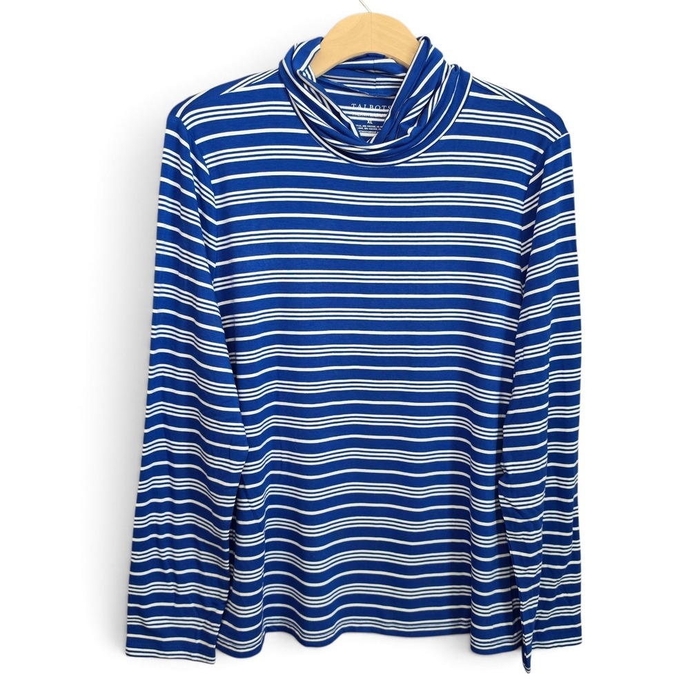 Talbots Top Womens XL Blue White Striped Turtleneck Thermawarmth Shirt LS Casual